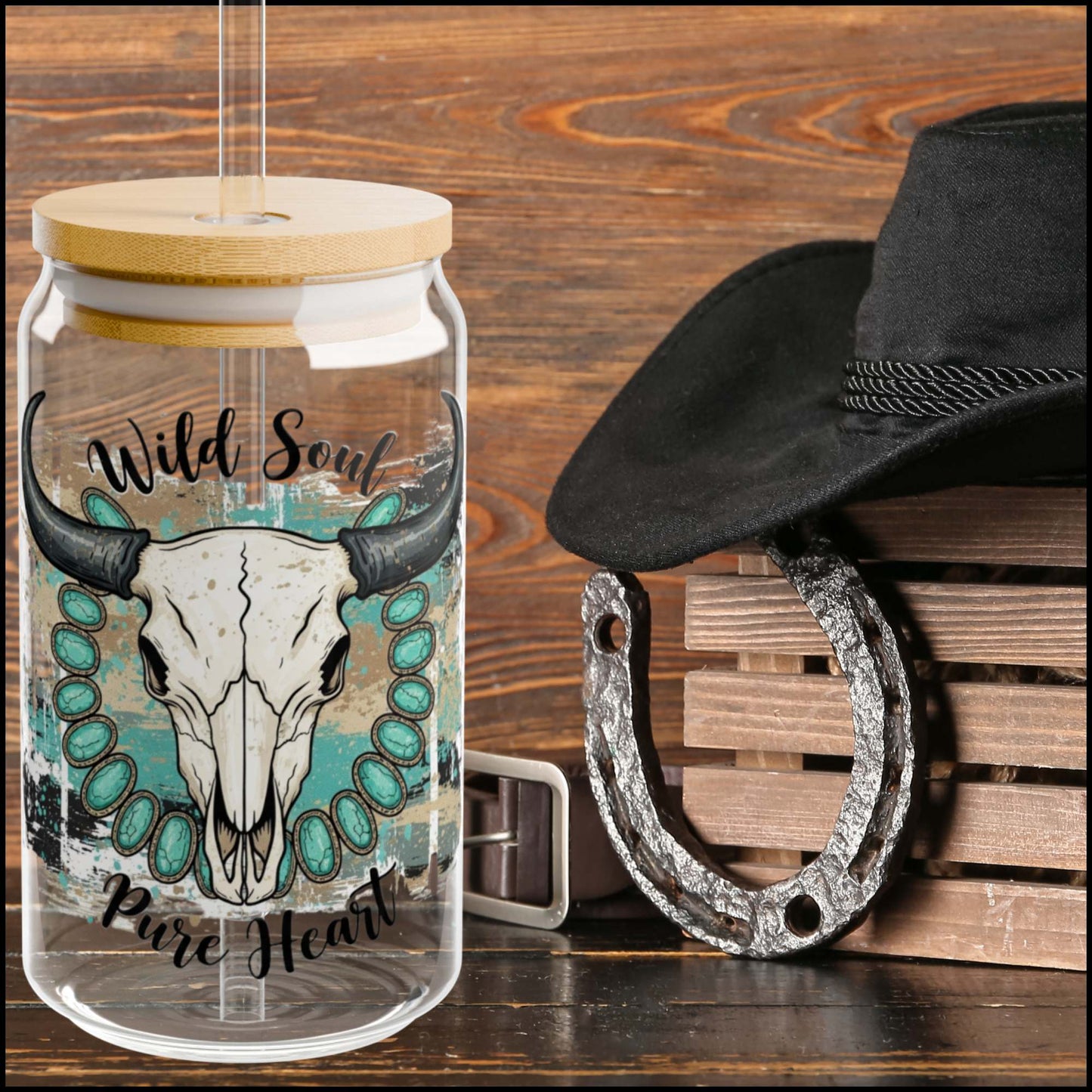 Wild Soul Pure Heart Western Glass Can Tumbler – Turquoise Cow Skull Boho Cowgirl Drink Cup with Bamboo Lid