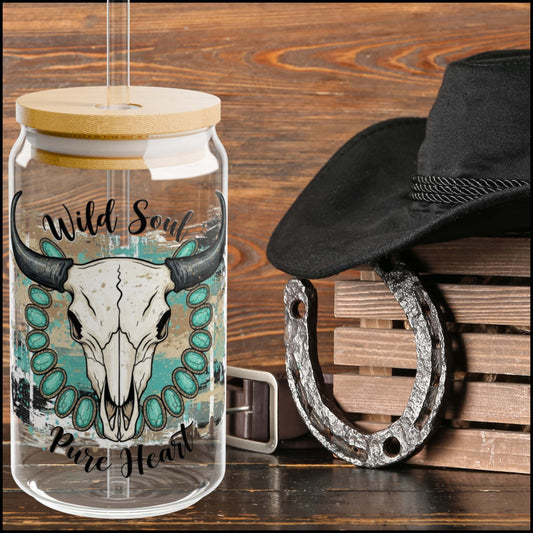 Wild Soul Pure Heart Western Glass Can Tumbler – Turquoise Cow Skull Boho Cowgirl Drink Cup with Bamboo Lid
