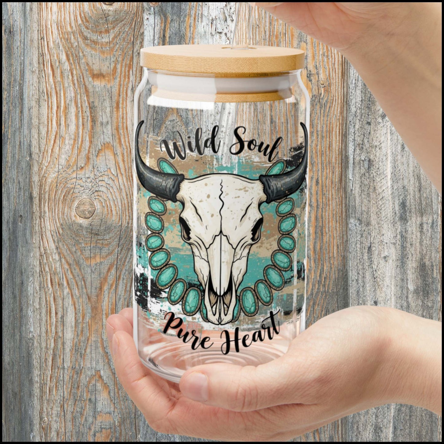 Wild Soul Pure Heart Western Glass Can Tumbler – Turquoise Cow Skull Boho Cowgirl Drink Cup with Bamboo Lid