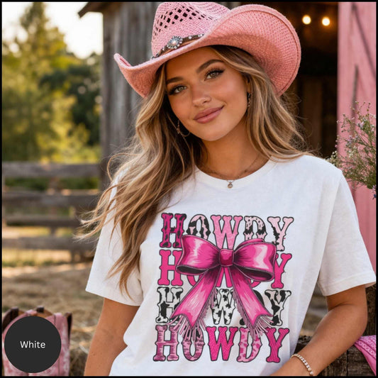 Howdy Bow Shirt, Pink Cowgirl Graphic Tee, Western Coquette Shirt, Cute Rodeo Outfit Top, Trendy Western Boutique Tee