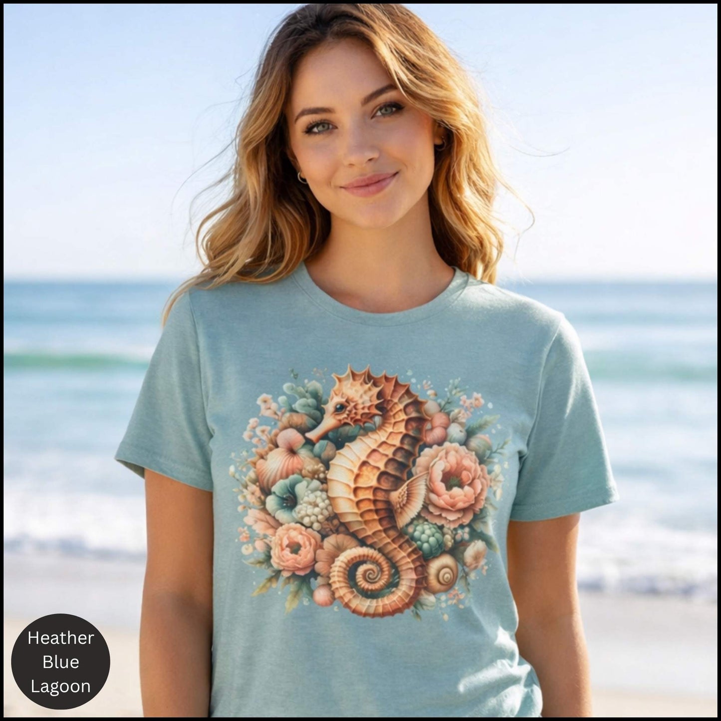 Seahorse Floral Shirt, Coastal Cowgirl Tee, Beach Aesthetic Shirt, Vintage Ocean Graphic Tee, Summer Boho Seashell T-Shirt