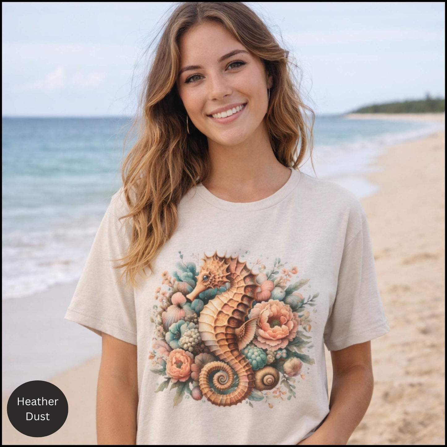 Seahorse Floral Shirt, Coastal Cowgirl Tee, Beach Aesthetic Shirt, Vintage Ocean Graphic Tee, Summer Boho Seashell T-Shirt