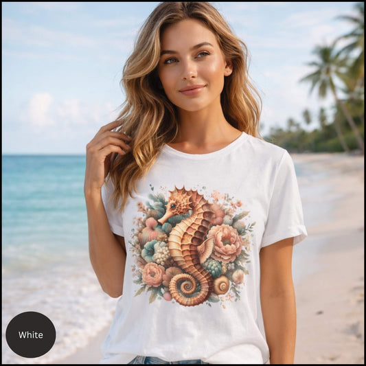 Seahorse Floral Shirt, Coastal Cowgirl Tee, Beach Aesthetic Shirt, Vintage Ocean Graphic Tee, Summer Boho Seashell T-Shirt