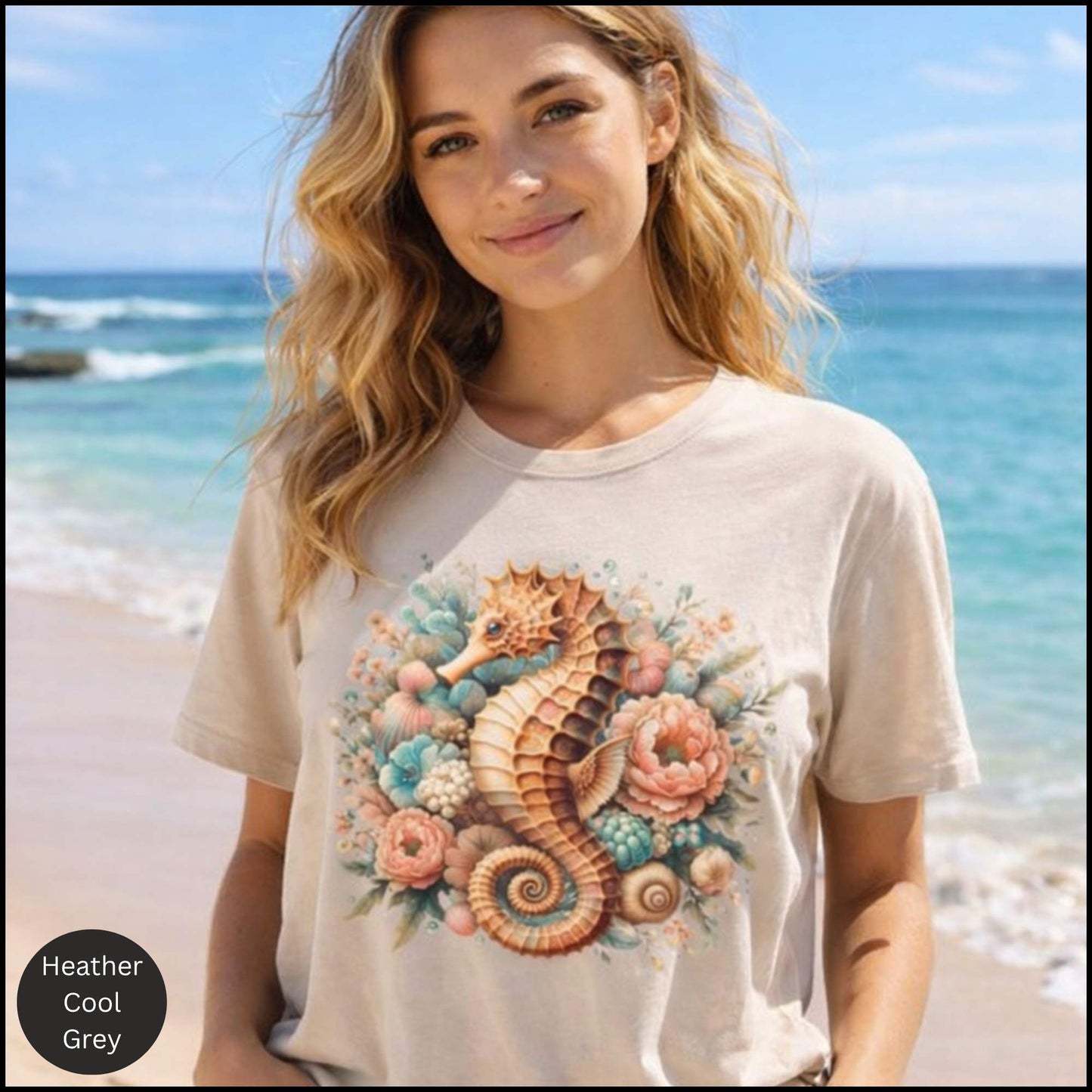 Seahorse Floral Shirt, Coastal Cowgirl Tee, Beach Aesthetic Shirt, Vintage Ocean Graphic Tee, Summer Boho Seashell T-Shirt