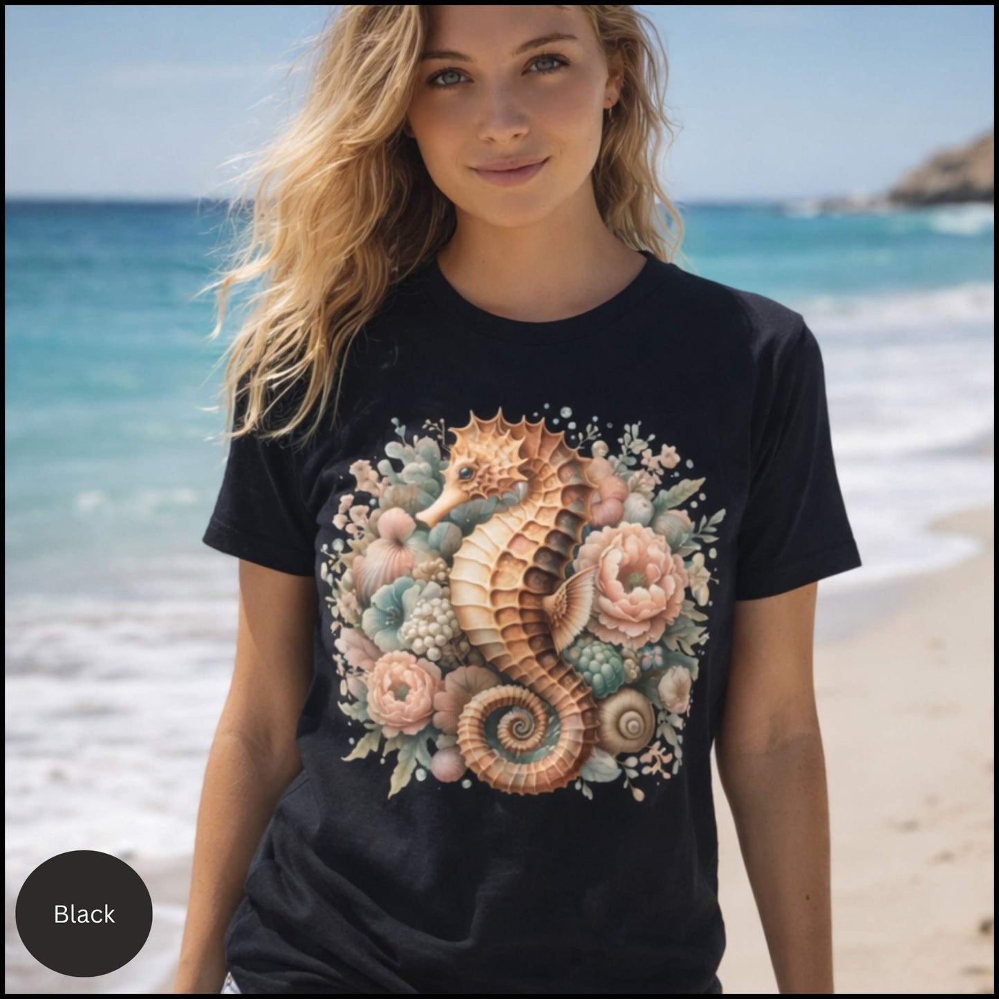 Seahorse Floral Shirt, Coastal Cowgirl Tee, Beach Aesthetic Shirt, Vintage Ocean Graphic Tee, Summer Boho Seashell T-Shirt