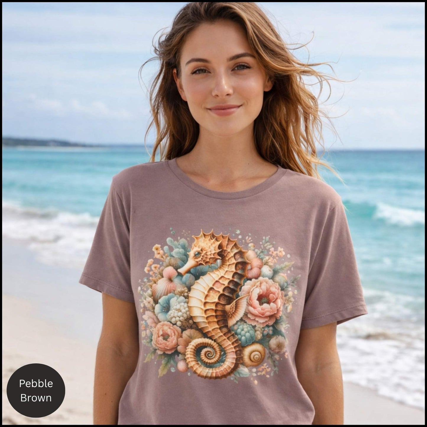 Seahorse Floral Shirt, Coastal Cowgirl Tee, Beach Aesthetic Shirt, Vintage Ocean Graphic Tee, Summer Boho Seashell T-Shirt