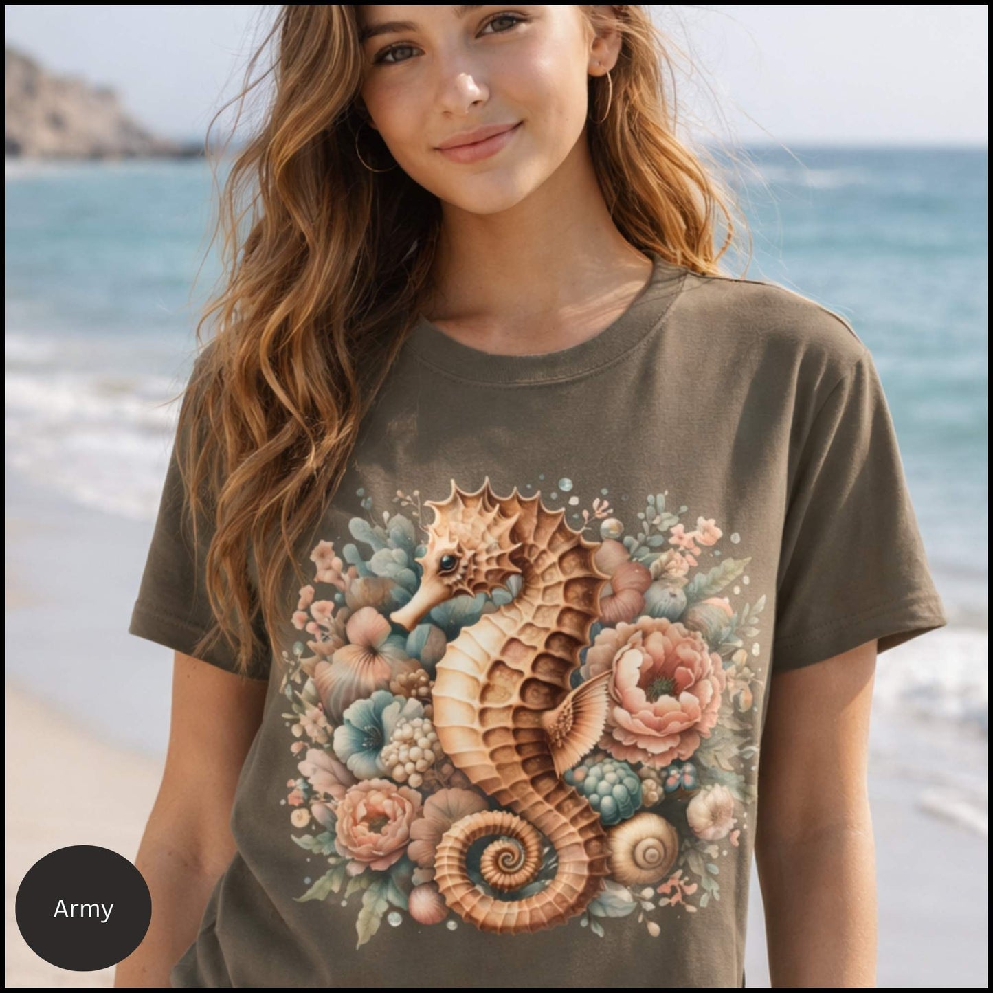 Seahorse Floral Shirt, Coastal Cowgirl Tee, Beach Aesthetic Shirt, Vintage Ocean Graphic Tee, Summer Boho Seashell T-Shirt