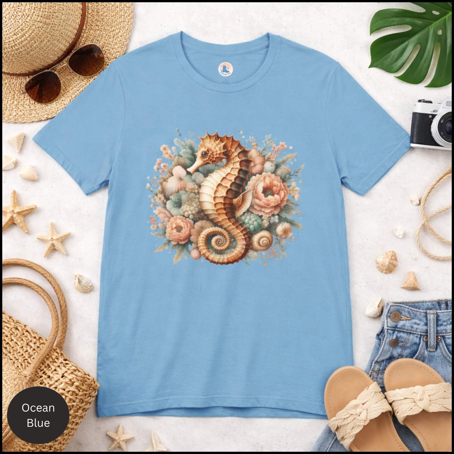Seahorse Floral Shirt, Coastal Cowgirl Tee, Beach Aesthetic Shirt, Vintage Ocean Graphic Tee, Summer Boho Seashell T-Shirt