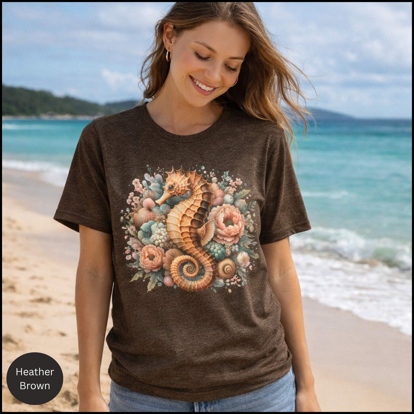 Seahorse Floral Shirt, Coastal Cowgirl Tee, Beach Aesthetic Shirt, Vintage Ocean Graphic Tee, Summer Boho Seashell T-Shirt