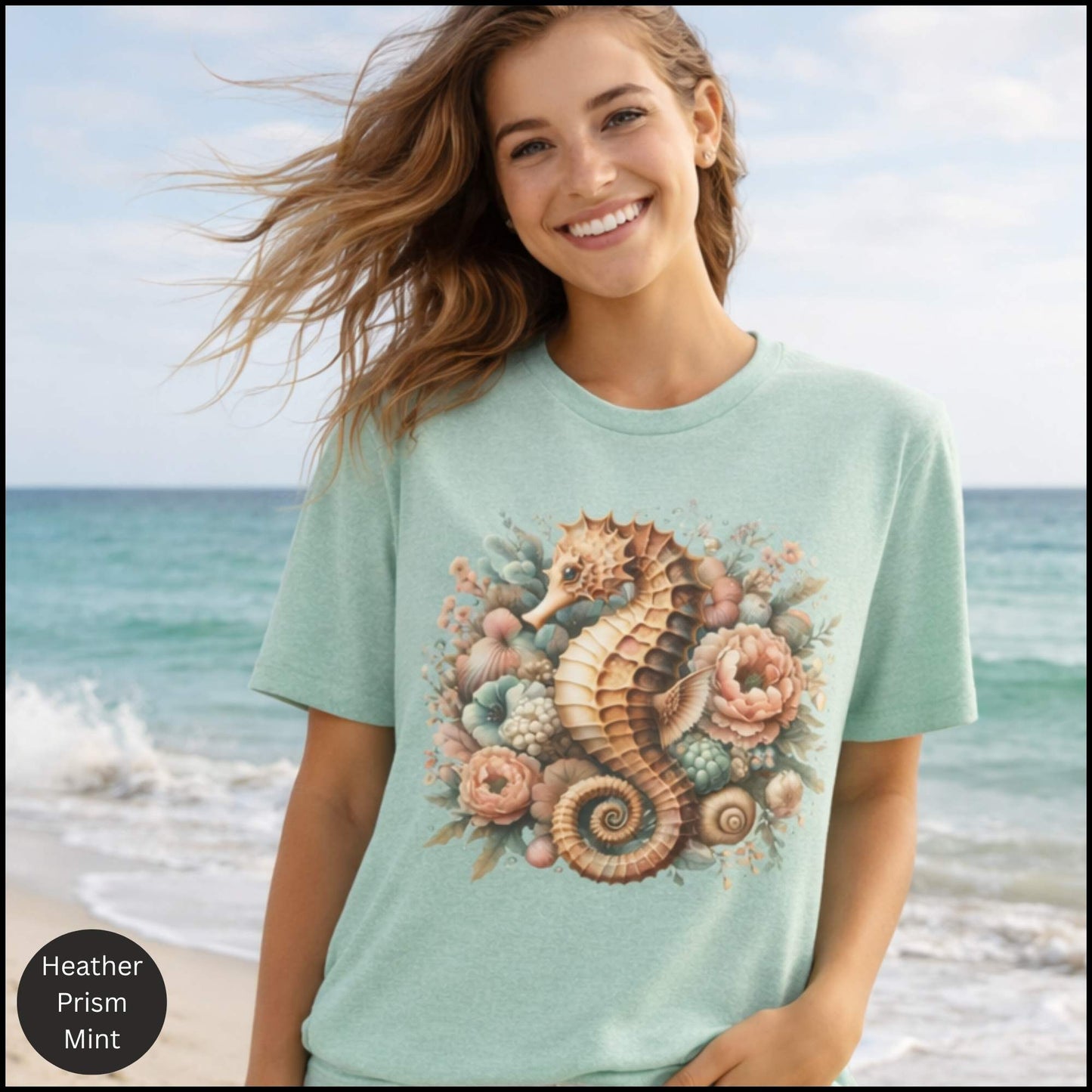 Seahorse Floral Shirt, Coastal Cowgirl Tee, Beach Aesthetic Shirt, Vintage Ocean Graphic Tee, Summer Boho Seashell T-Shirt