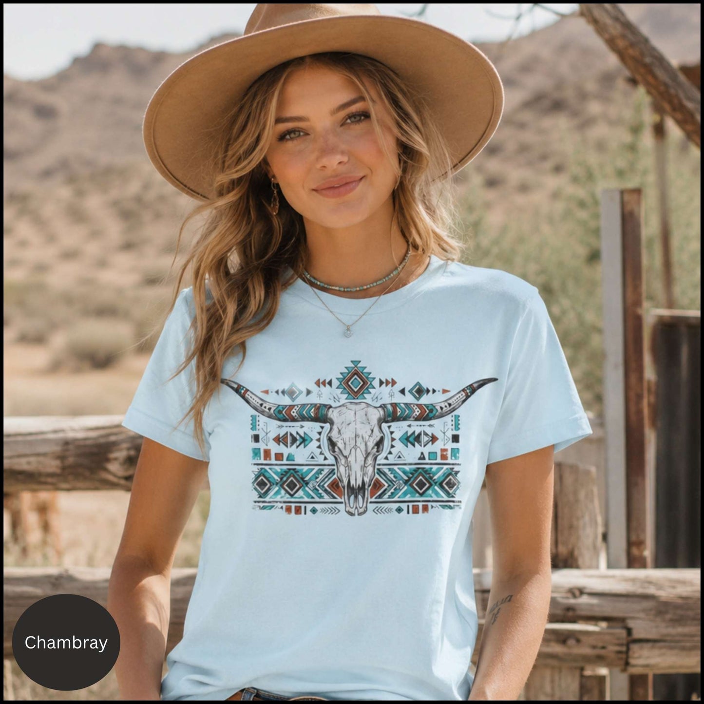 Western Longhorn Skull Graphic Tee – Blossom Pink Boho Cowgirl Shirt