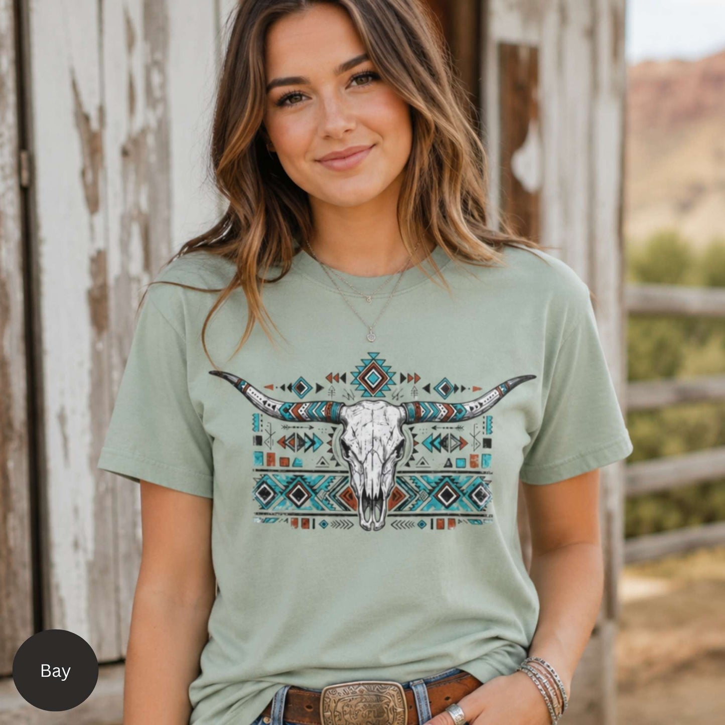 Western Longhorn Skull Graphic Tee – Blossom Pink Boho Cowgirl Shirt