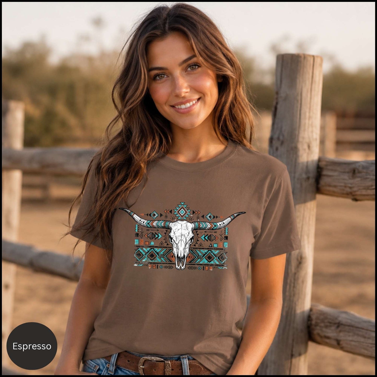 Western Longhorn Skull Graphic Tee – Blossom Pink Boho Cowgirl Shirt