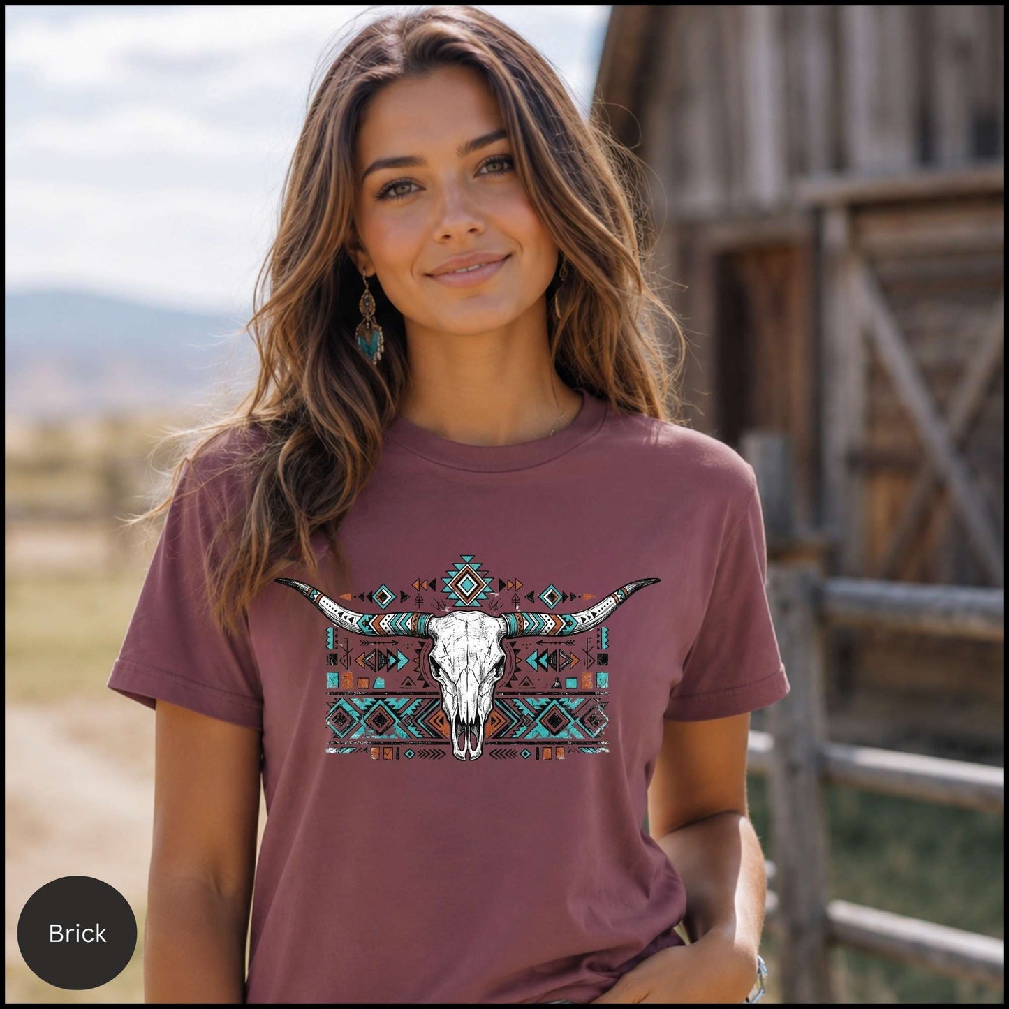 Western Longhorn Skull Graphic Tee – Blossom Pink Boho Cowgirl Shirt