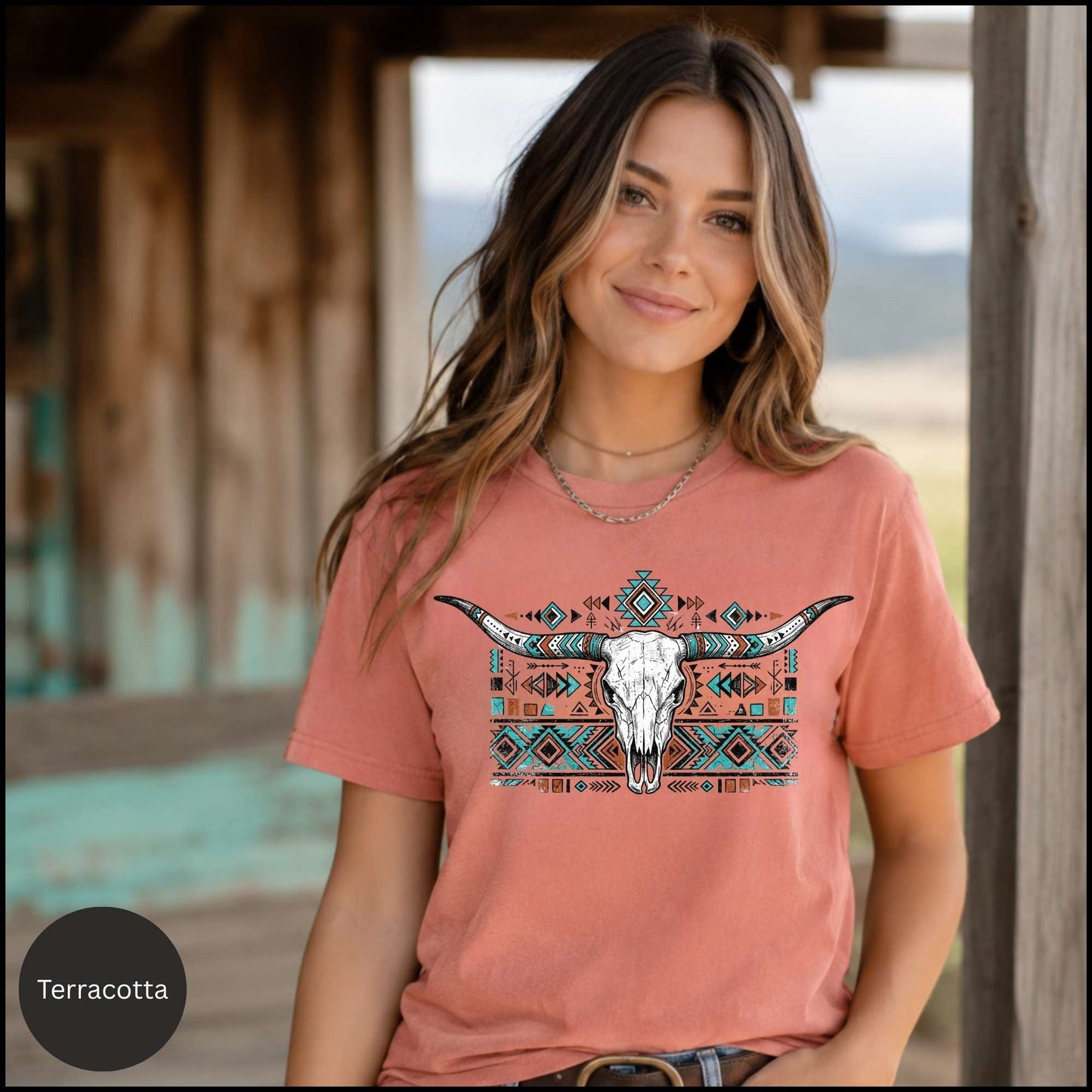Western Longhorn Skull Graphic Tee – Blossom Pink Boho Cowgirl Shirt