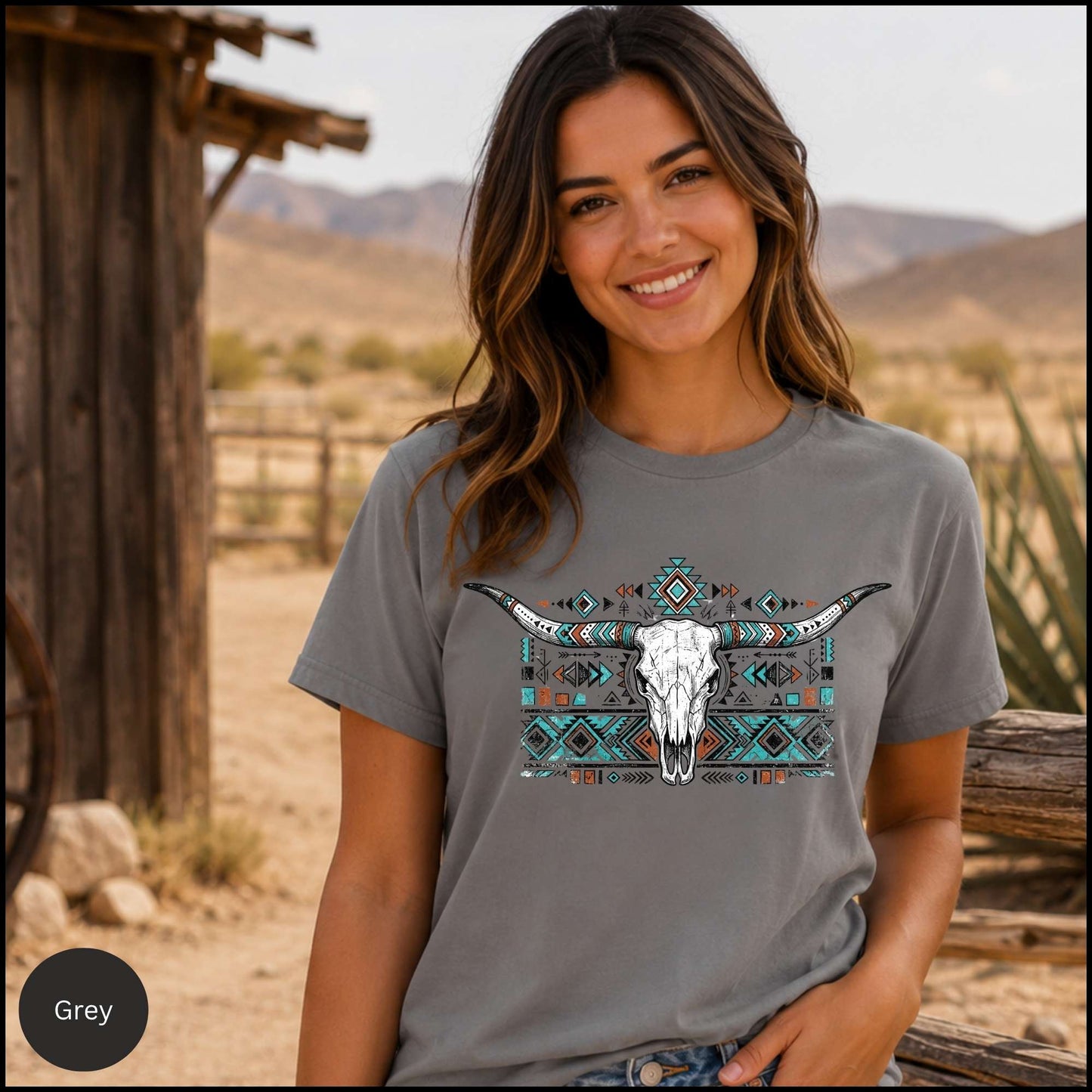 Western Longhorn Skull Graphic Tee – Blossom Pink Boho Cowgirl Shirt