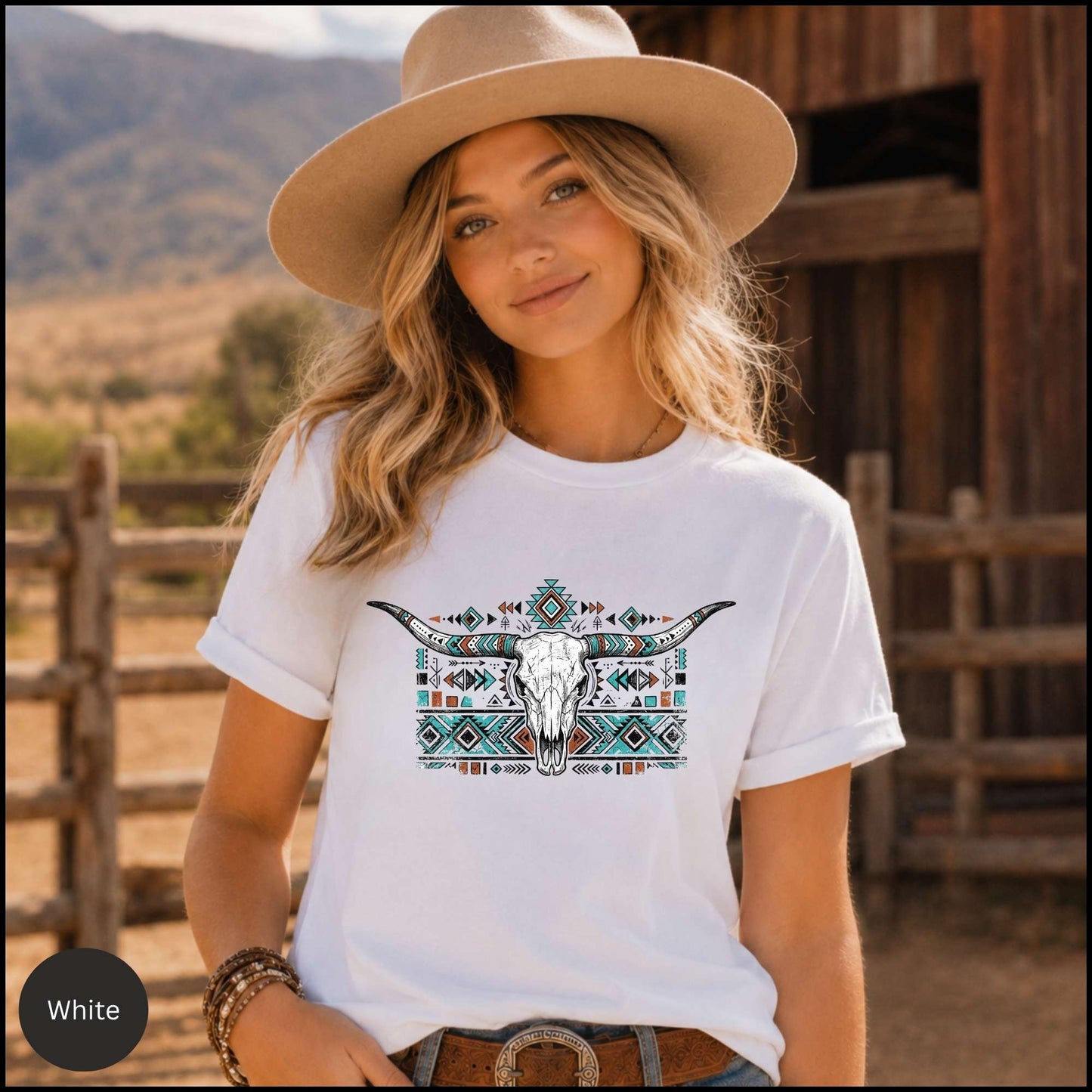 Western Longhorn Skull Graphic Tee – Blossom Pink Boho Cowgirl Shirt
