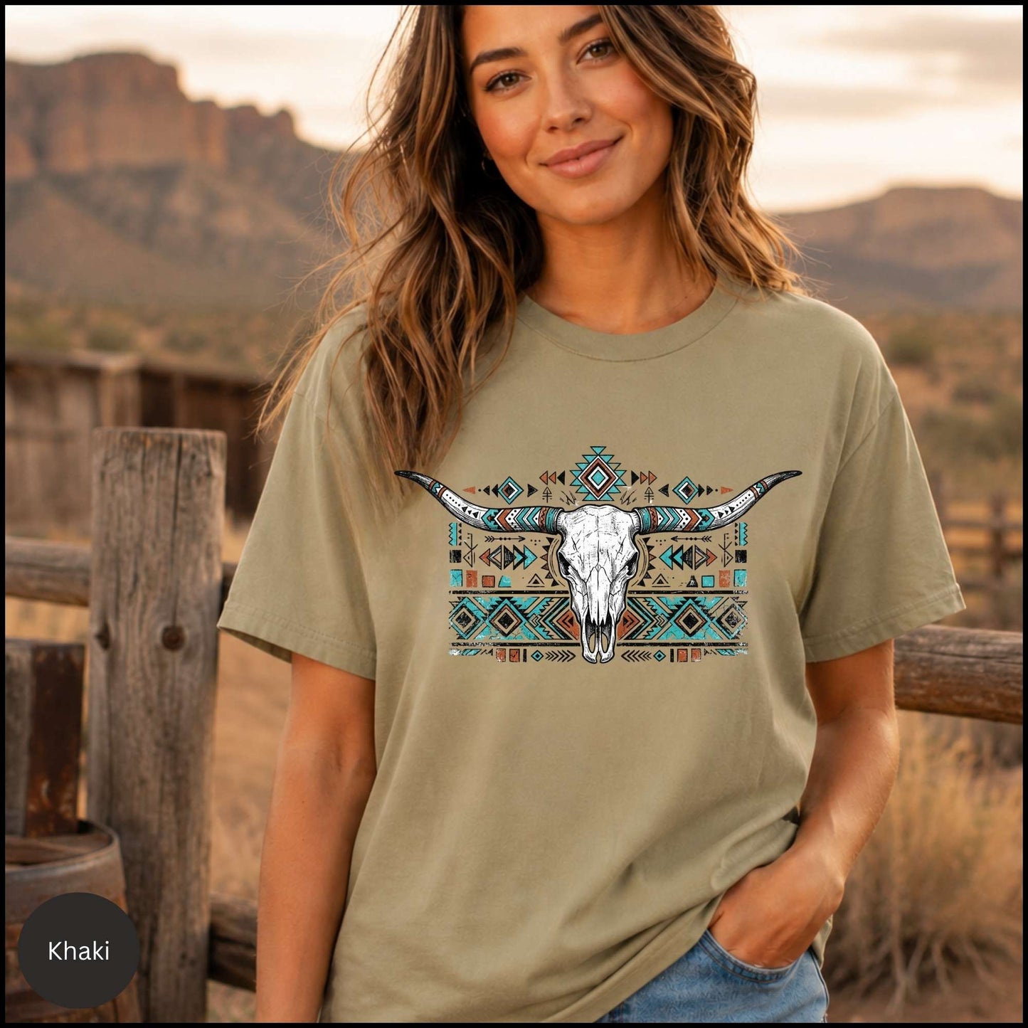 Western Longhorn Skull Graphic Tee – Blossom Pink Boho Cowgirl Shirt