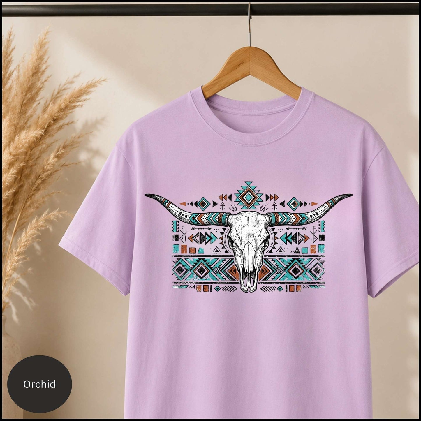 Western Longhorn Skull Graphic Tee – Blossom Pink Boho Cowgirl Shirt