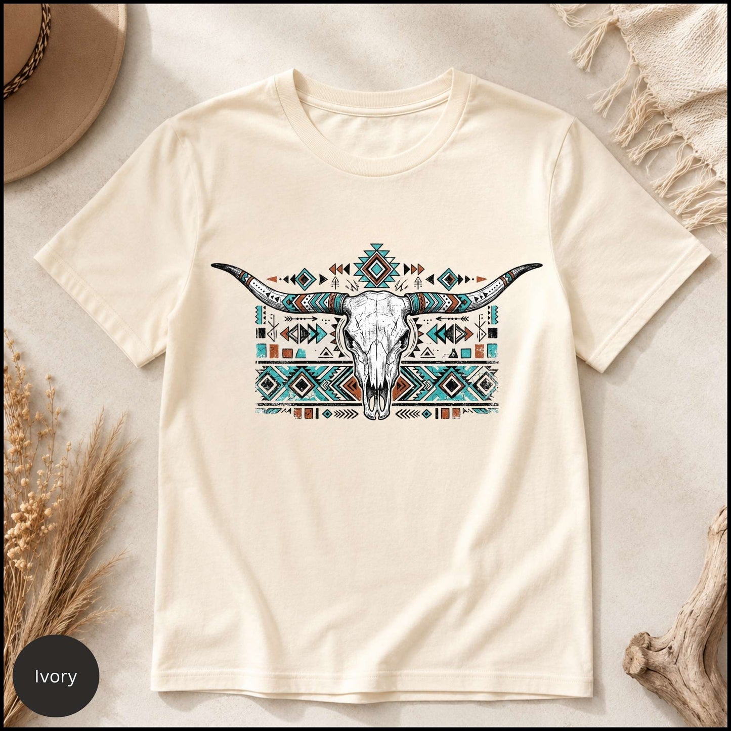 Western Longhorn Skull Graphic Tee – Blossom Pink Boho Cowgirl Shirt