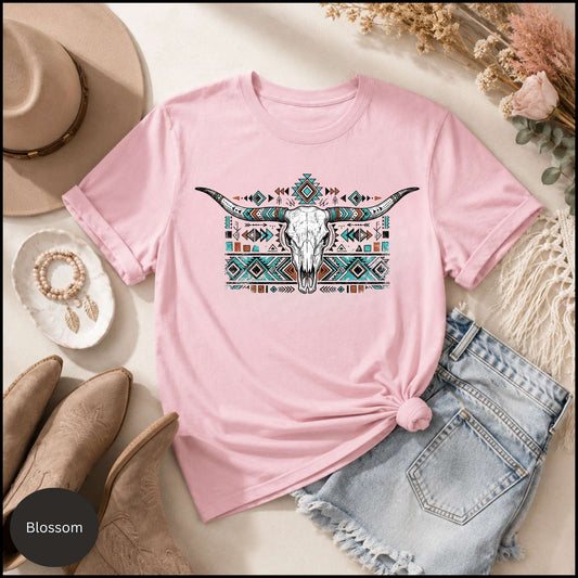 Western Longhorn Skull Graphic Tee – Blossom Pink Boho Cowgirl Shirt