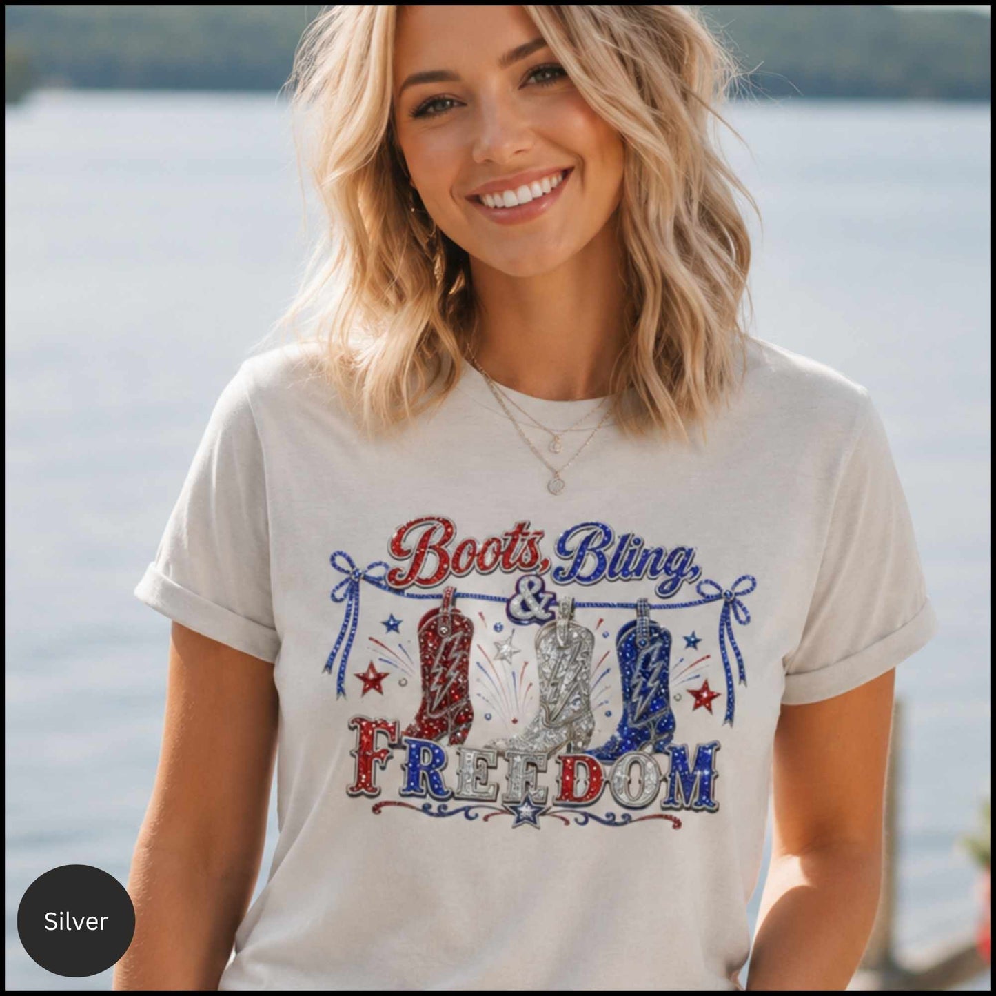 Boots, Bling & Freedom Patriotic Western Graphic Tee – Women’s Red, White & Blue Cowgirl Shirt