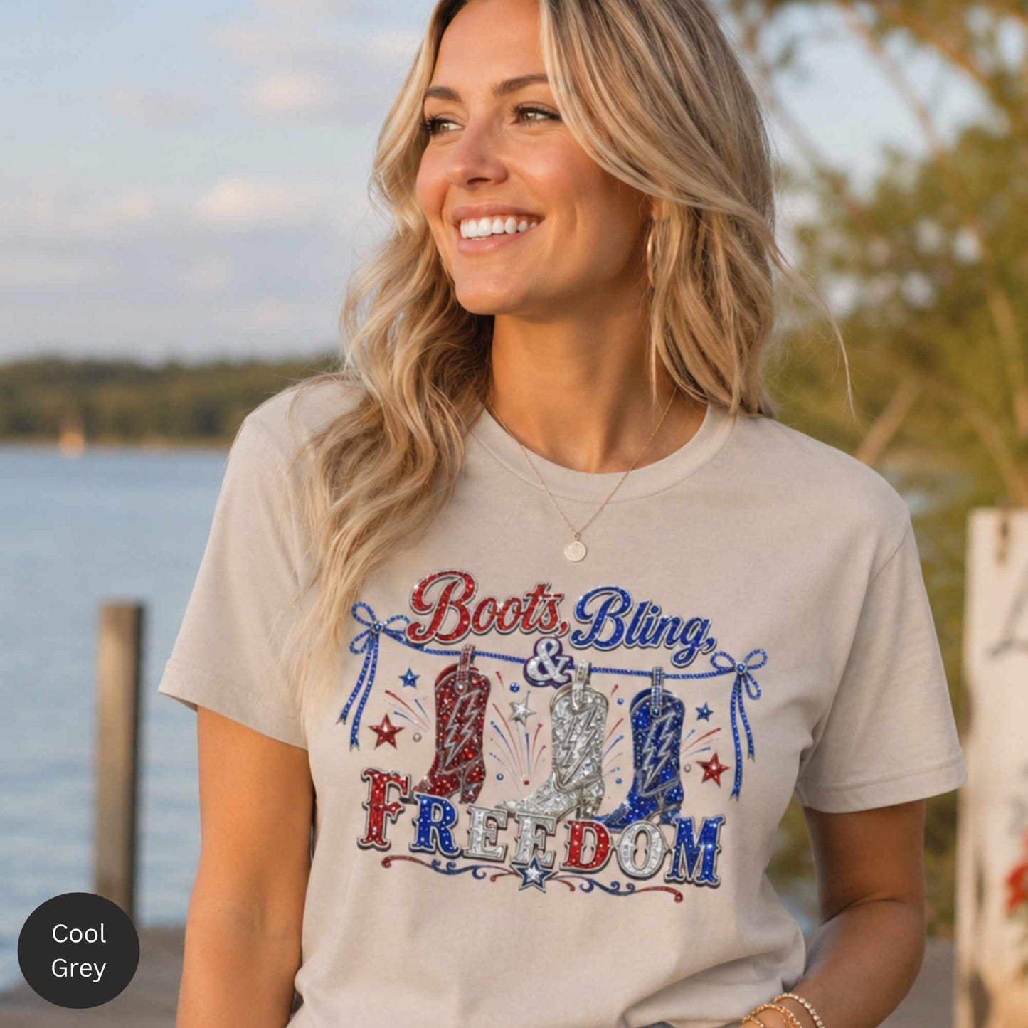 Boots, Bling & Freedom Patriotic Western Graphic Tee – Women’s Red, White & Blue Cowgirl Shirt