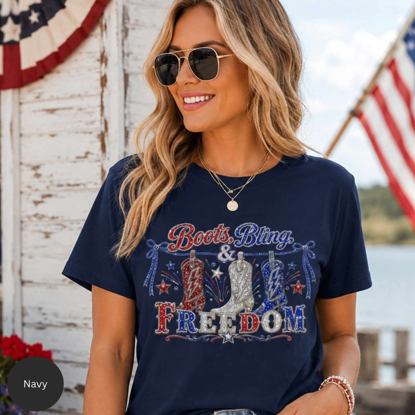 Boots, Bling & Freedom Patriotic Western Graphic Tee – Women’s Red, White & Blue Cowgirl Shirt