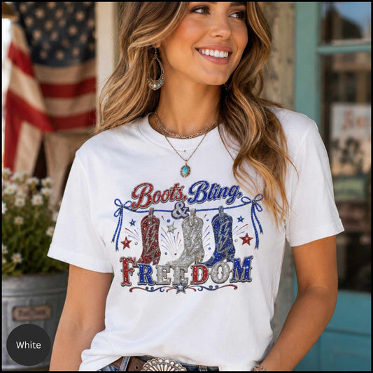 Boots, Bling & Freedom Patriotic Western Graphic Tee – Women’s Red, White & Blue Cowgirl Shirt