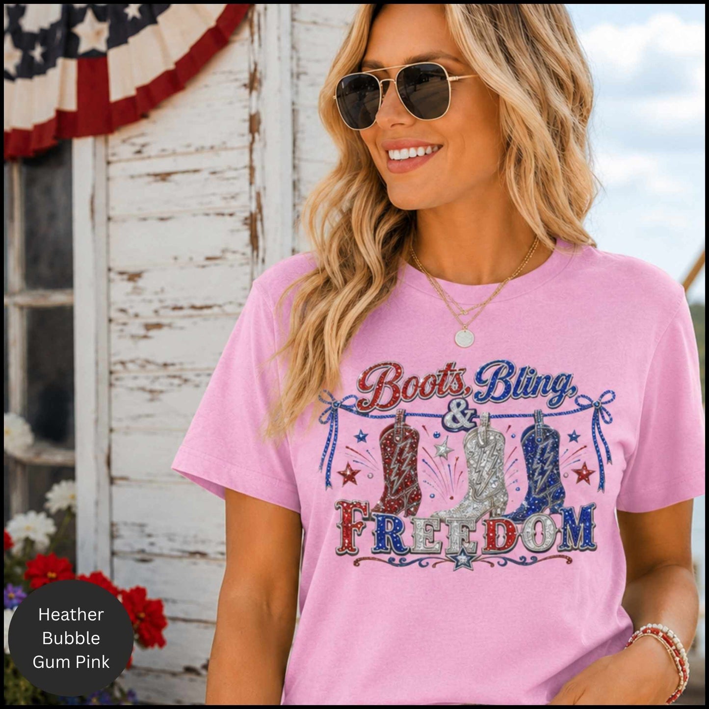 Boots, Bling & Freedom Patriotic Western Graphic Tee – Women’s Red, White & Blue Cowgirl Shirt