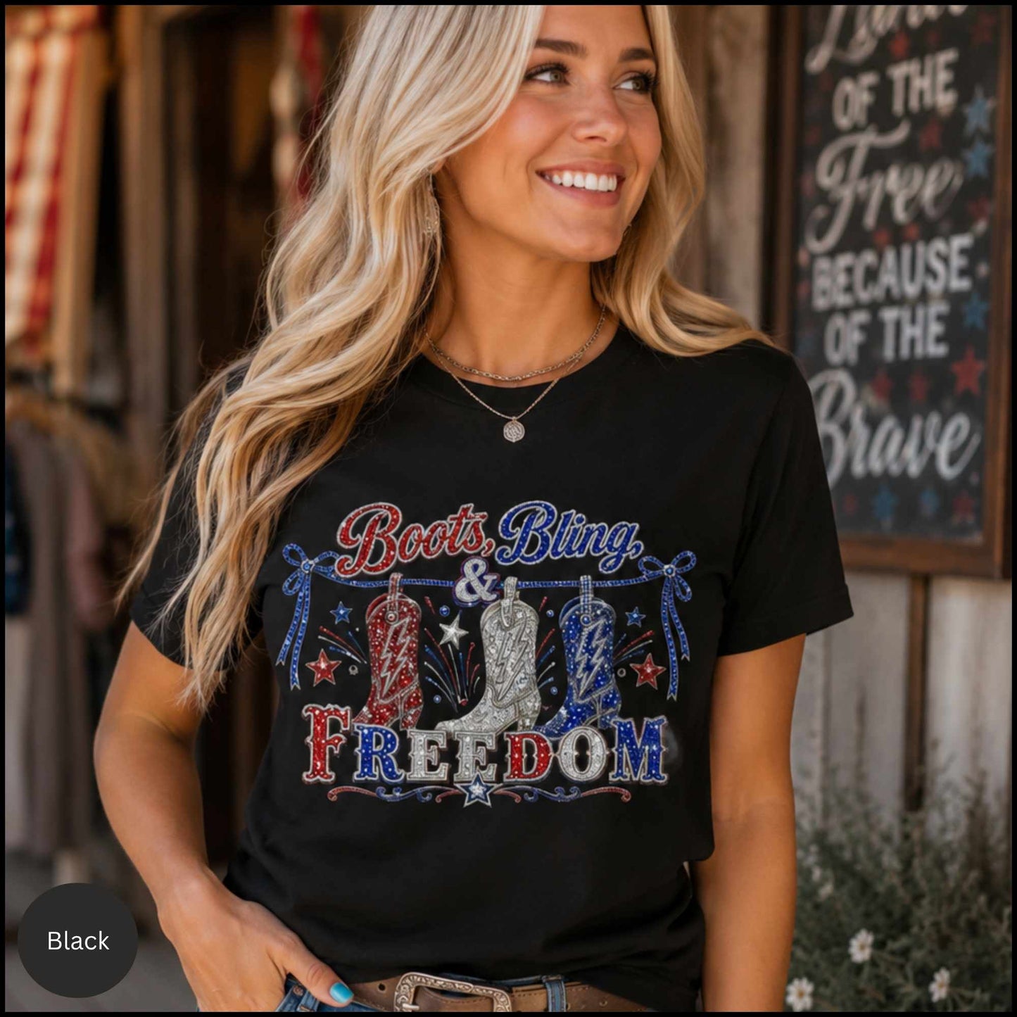 Boots, Bling & Freedom Patriotic Western Graphic Tee – Women’s Red, White & Blue Cowgirl Shirt