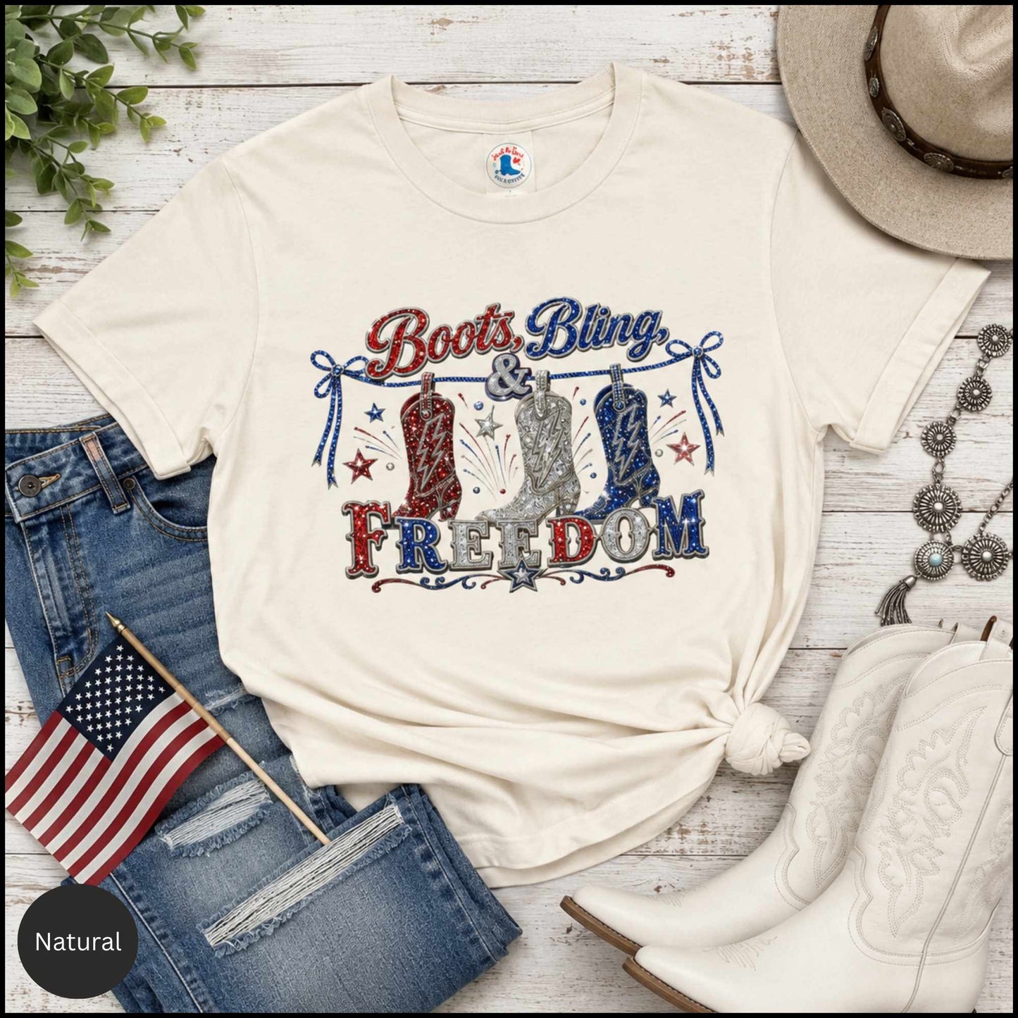 Boots, Bling & Freedom Patriotic Western Graphic Tee – Women’s Red, White & Blue Cowgirl Shirt