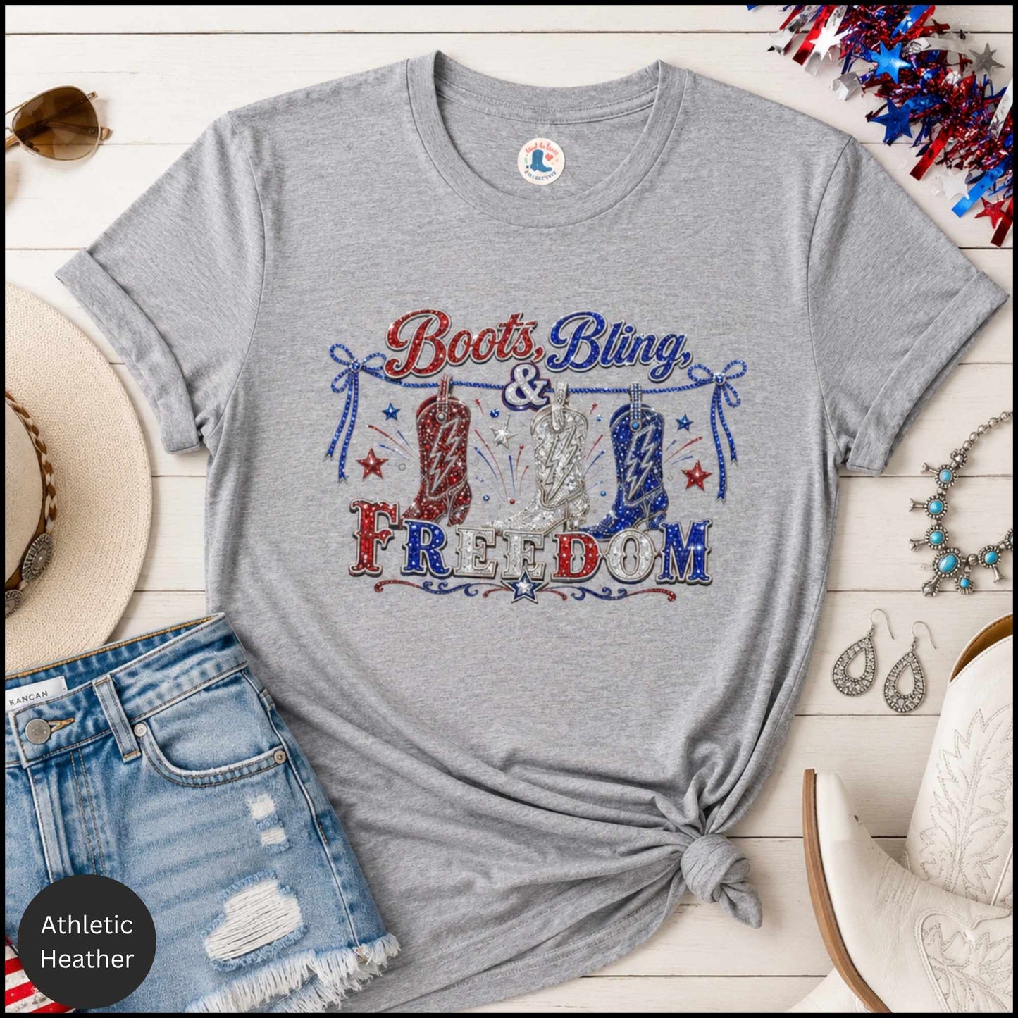 Boots, Bling & Freedom Patriotic Western Graphic Tee – Women’s Red, White & Blue Cowgirl Shirt