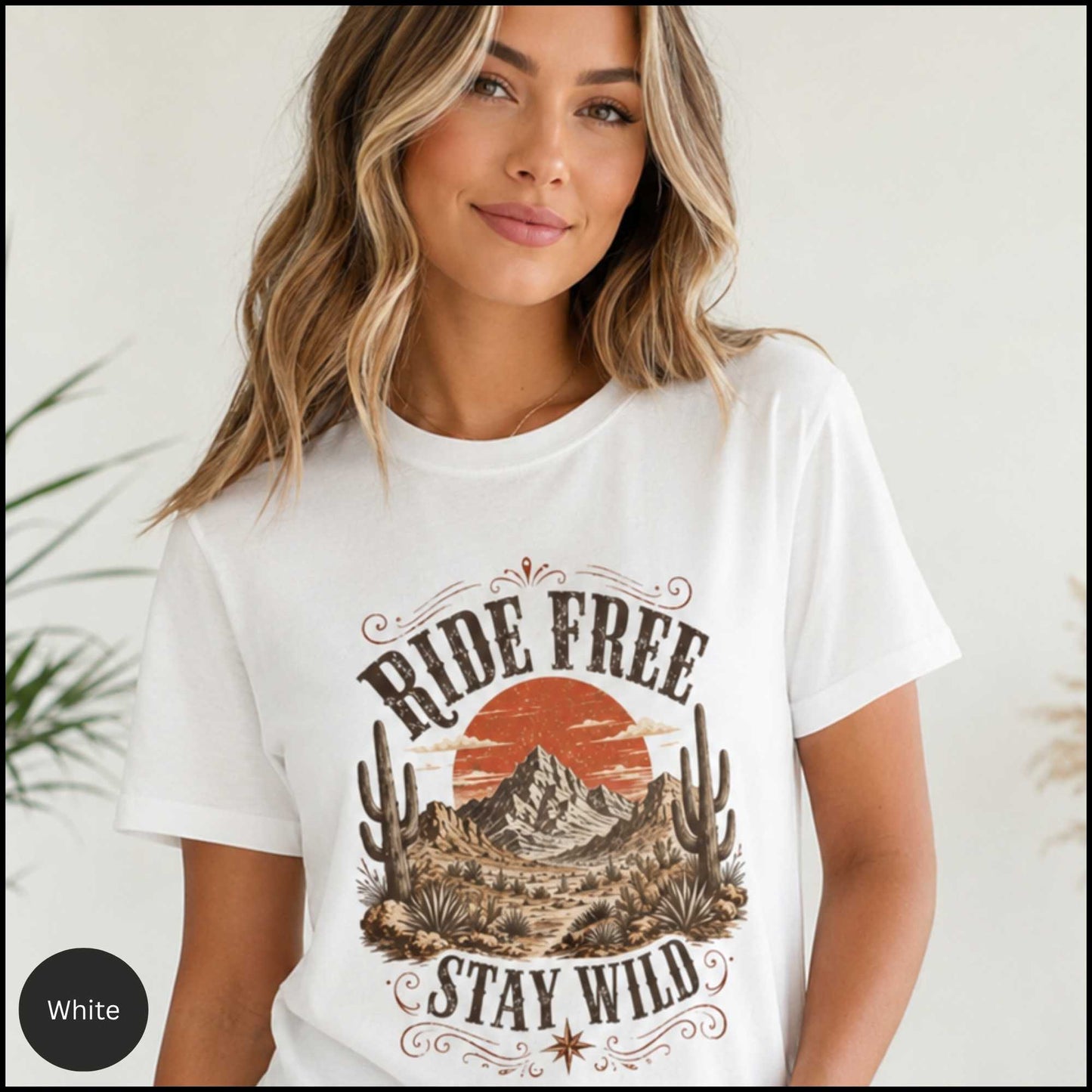 Ride Free Stay Wild Western Graphic Tee – Vintage Desert Cowgirl Shirt with Cactus and Mountain Sunset