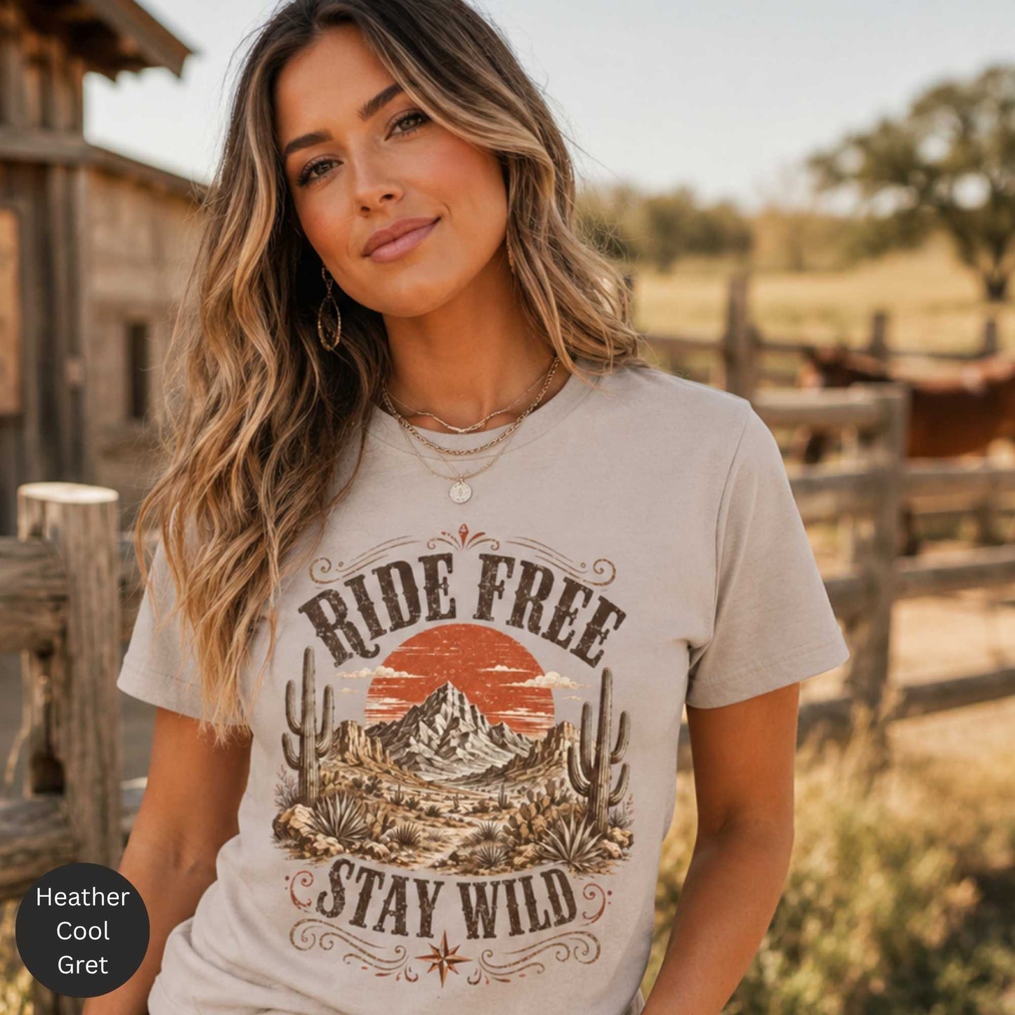 Ride Free Stay Wild Western Graphic Tee – Vintage Desert Cowgirl Shirt with Cactus and Mountain Sunset