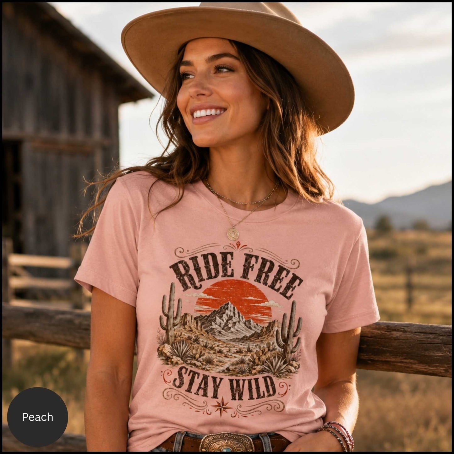 Ride Free Stay Wild Western Graphic Tee – Vintage Desert Cowgirl Shirt with Cactus and Mountain Sunset