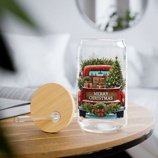 Vintage Red Truck Christmas Glass Can – 16oz Frosted Holiday Cup with Bamboo Lid & Straw | Merry Christmas Tumbler