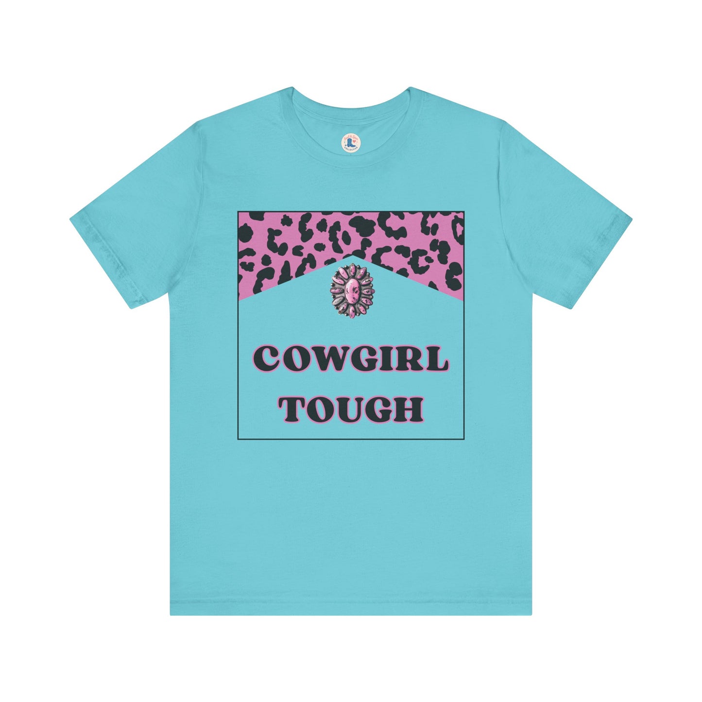 “Cowgirl Tough” Pink Leopard Rodeo Tee