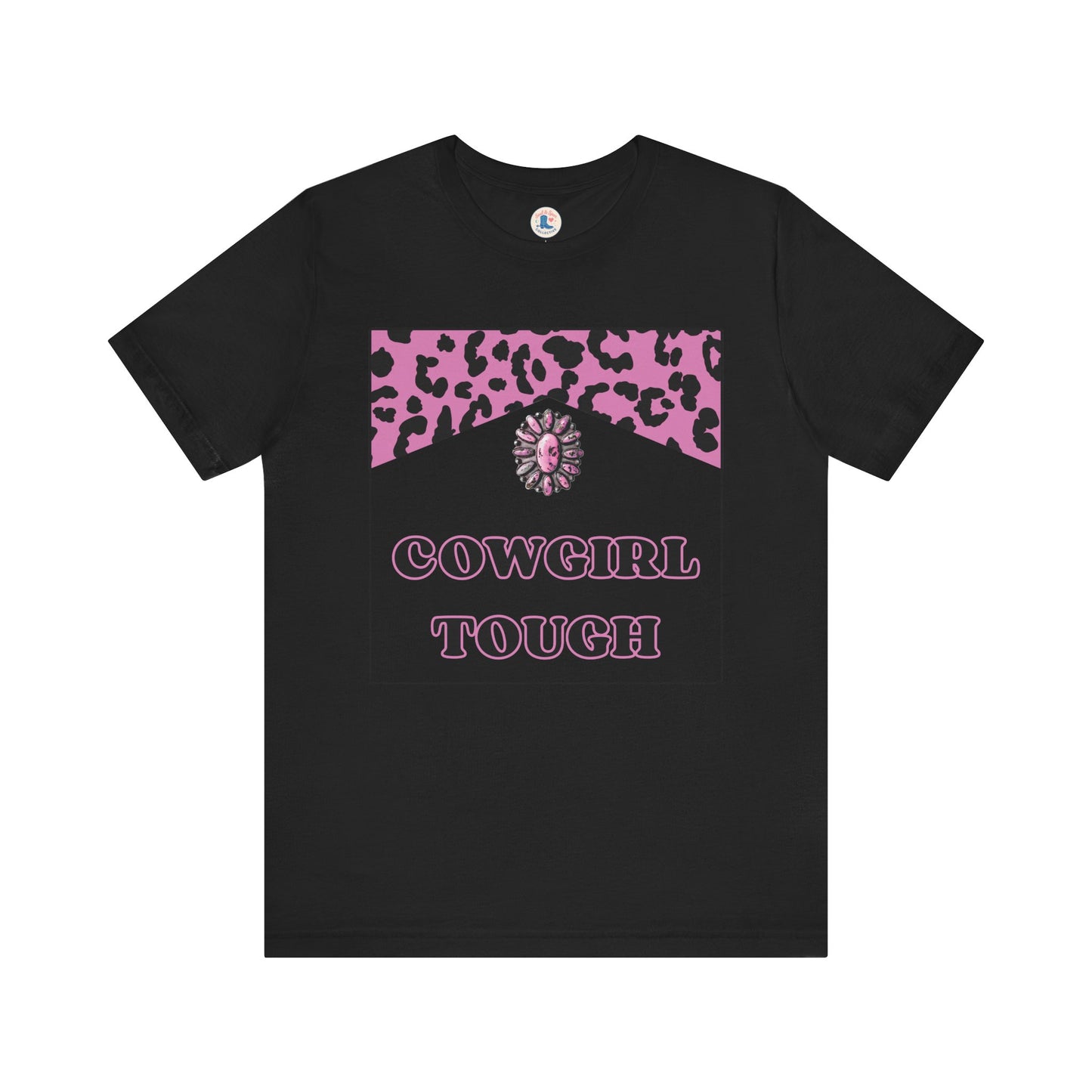 “Cowgirl Tough” Pink Leopard Rodeo Tee